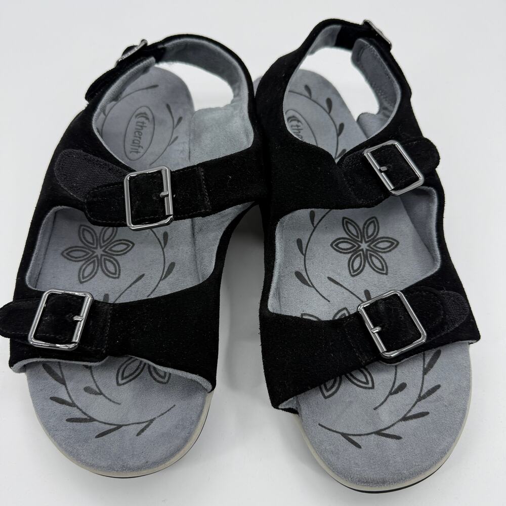 THERAFIT Womens Fully Adjustable Hook Loop Walking Sandal Size 10.5 - 11 Black